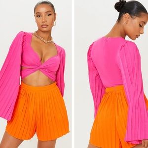 PrettyLittleThing Hot Pink Contrast Twist Front Pleated Romper